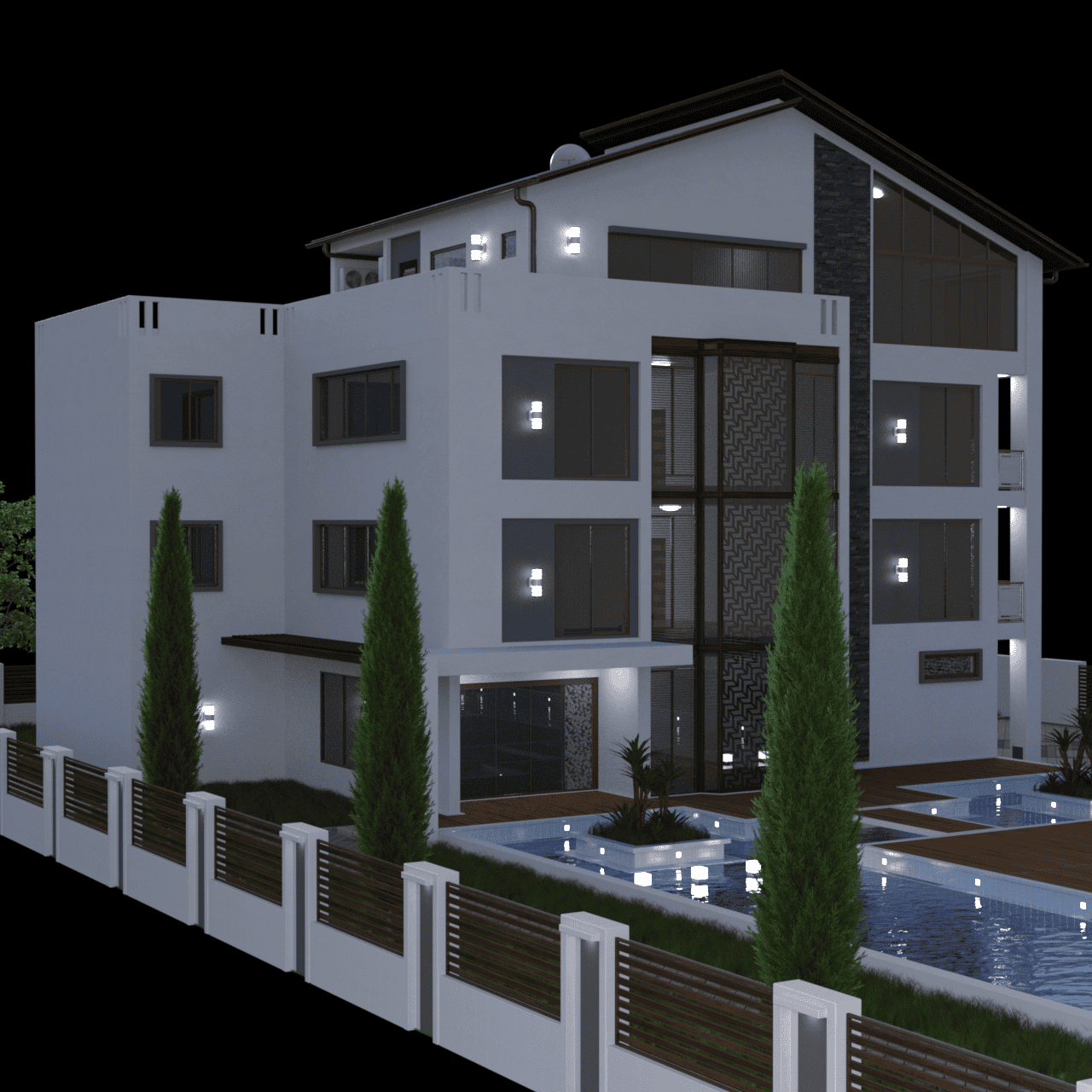 Modern house 3d model rendered by night