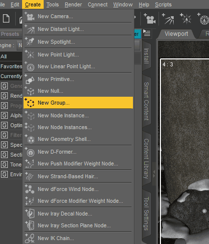 daz 3d option create new group 