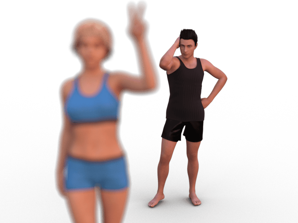 daz studio render with blurry person in front and sharp person in the background