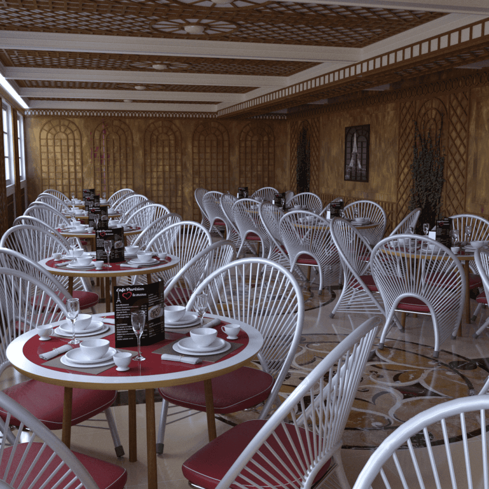 Row of cafe tables with props