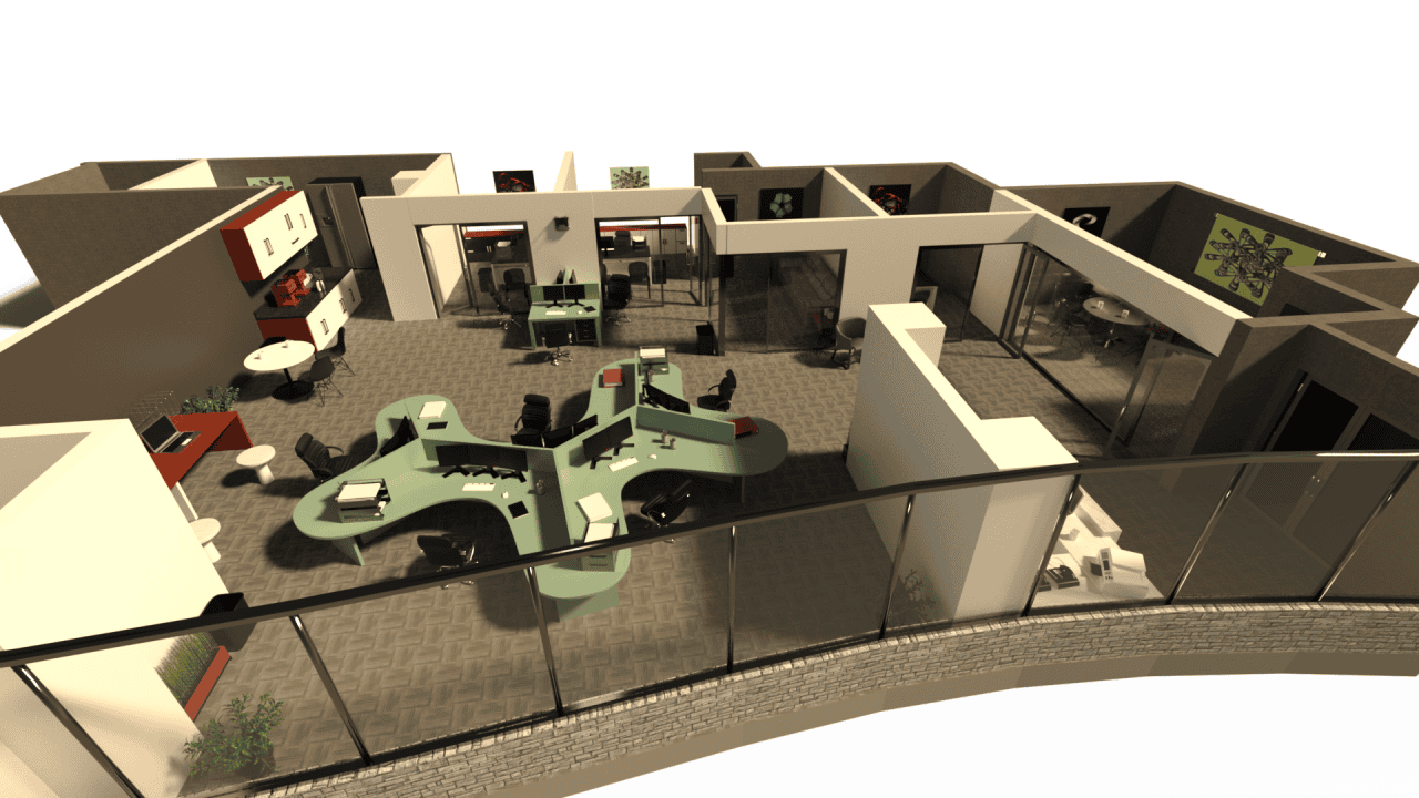 Overview of the office space 3d model from top.