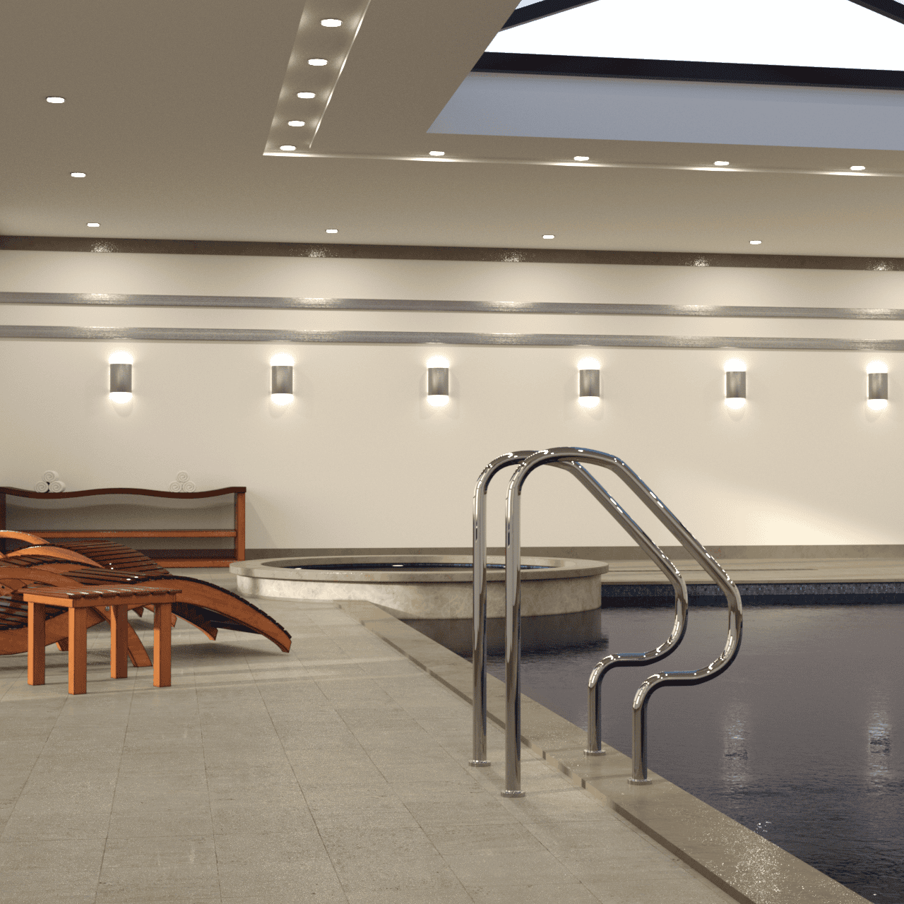 Rendering of a pool entrance and some deck chairs in the background