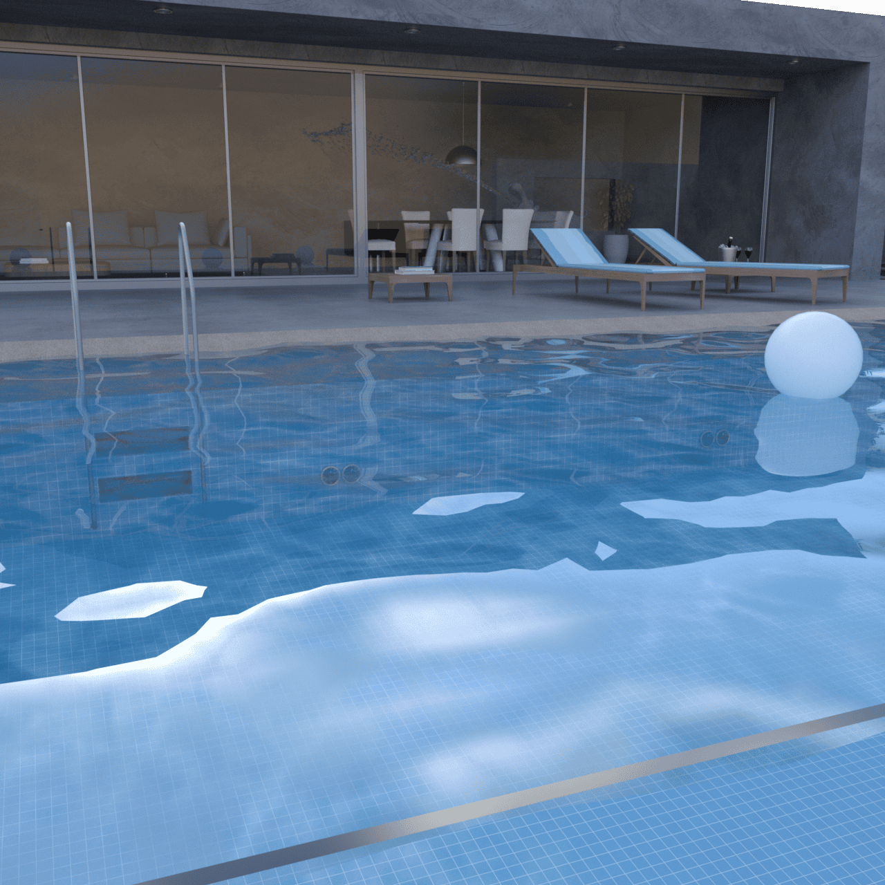 Swimming pool 3d model with a house with big windows in the background