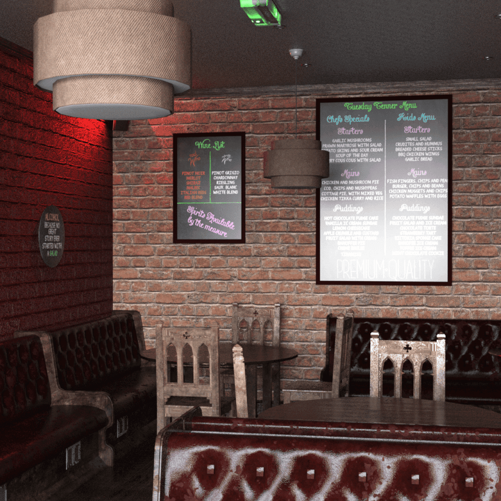 Seat area with different lights and menu plan on the wall as part of the vintage bar 3d model